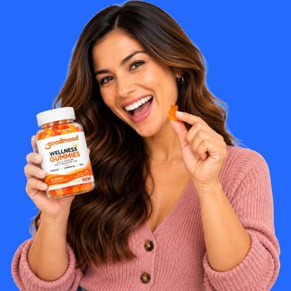 Woman with WOW! Nutrition vitamin gummies in pop-art composition, electric blue background