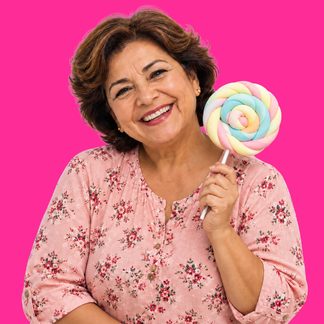 Grandmother with marshmallow lollipop in pop-art composition, magenta background