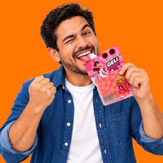 Man with Geli Pop! in pop-art composition, explosive orange background