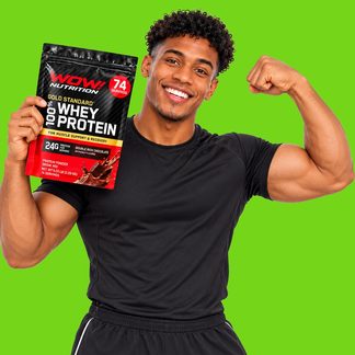 Man with WOW! Nutrition protein in pop-art composition, green background